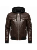 Brown Hooded Bomber Leather Jacket