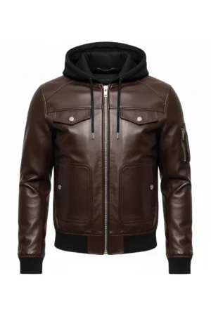 Brown Hooded Bomber Leather Jacket
