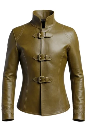 Decorative Buckle Green Leather Medieval Style Jacket