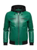 Hooded Green Leather Bomber Jacket