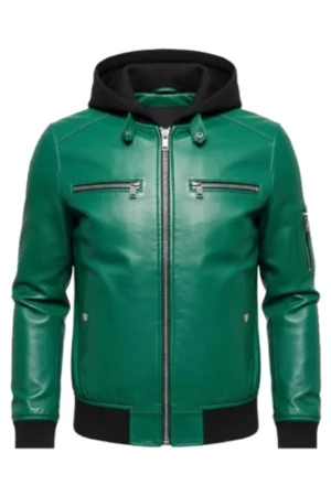 Hooded Green Leather Bomber Jacket
