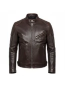 Men Dark Brown Biker Style Quilted Shoulder Leather Jacket