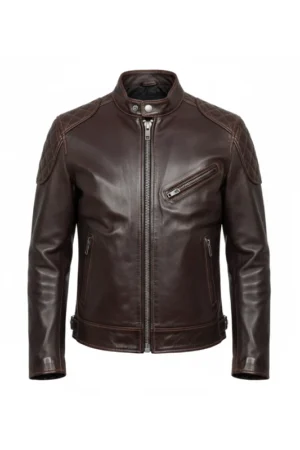 Men Dark Brown Biker Style Quilted Shoulder Leather Jacket
