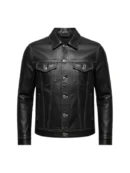 Men Four Pockets Black Leather Trucker Jacket