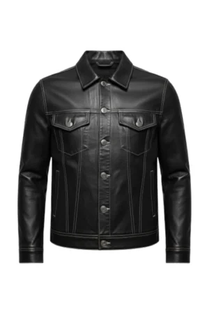 Men Four Pockets Black Leather Trucker Jacket