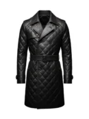 Women Black Diamond Quilted Leather Car Coat