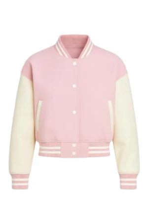 Women Pink Wool Cropped Varsity Jacket