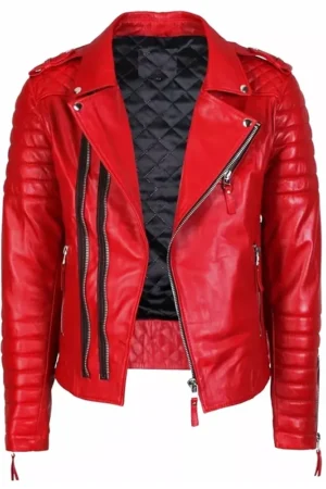 Classic Red Leather Motorcycle Jacket Zipper Style
