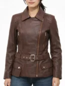 Arden Chocolate belted brown leather jacket