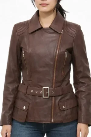 Arden Chocolate belted brown leather jacket
