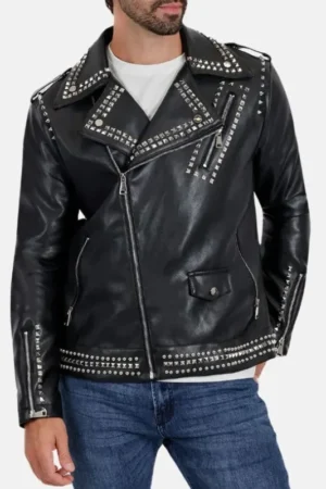 Men Black Biker Studded Leather Jacket