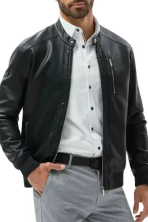 Men Black Cafe Racer Bomber Leather Jacket