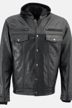 Men Black Hooded Leather Jacket