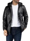 Men Black Leather Jacket With Hood