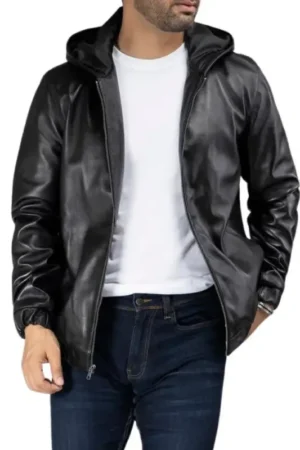 Men Black Leather Jacket With Hood