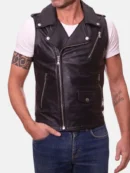 Men Black Leather Motorcycle Vest