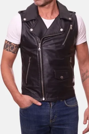 Men Black Leather Motorcycle Vest