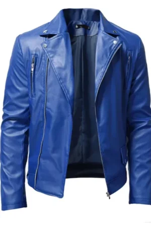 Men Blue Trucker Leather Jacket