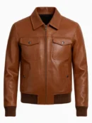 Men Classic Brown Leather Bomber Jacket