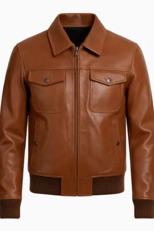 Men Classic Brown Leather Bomber Jacket