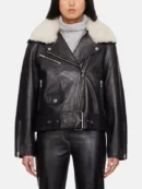 Women Black Biker Leather Jacket With Fur Collar