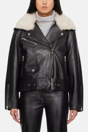 Women Black Biker Leather Jacket With Fur Collar