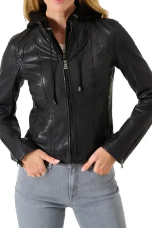 Women Black Cafe Racer Hooded Leather Jacket