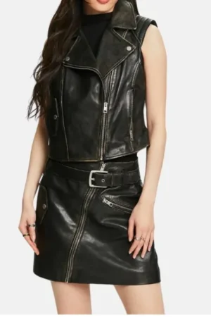 Women Black Leather Biker Vest