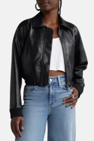 Women Black Leather Cropped Bomber Jacket