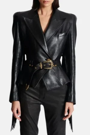 Women Black Leather Fringe Jacket