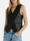 Women Black Leather Vest For