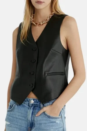 Women Black Leather Vest For