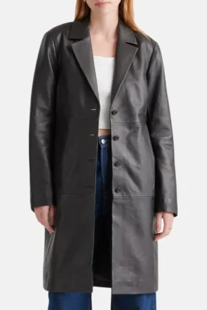 Women Black Long Leather Trench Coat
