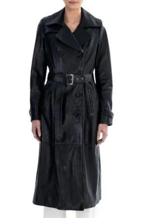 Women Black Spring Belted Leather Trench Coat