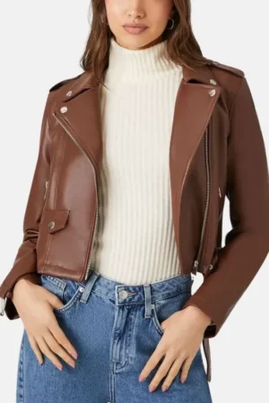 Women Brown Cropped Motorcycle Leather Jacket