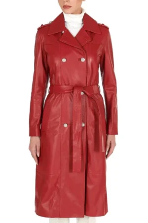 womens red double breasted leather coat