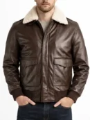 Men Brown Pilot Shearling Leather Bomber Jacket