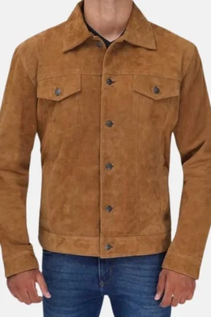 Men Camel Brown Suede Shirt Jacket