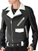 Men's Black and White Leather Biker Jacket