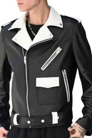 Men's Black and White Leather Biker Jacket