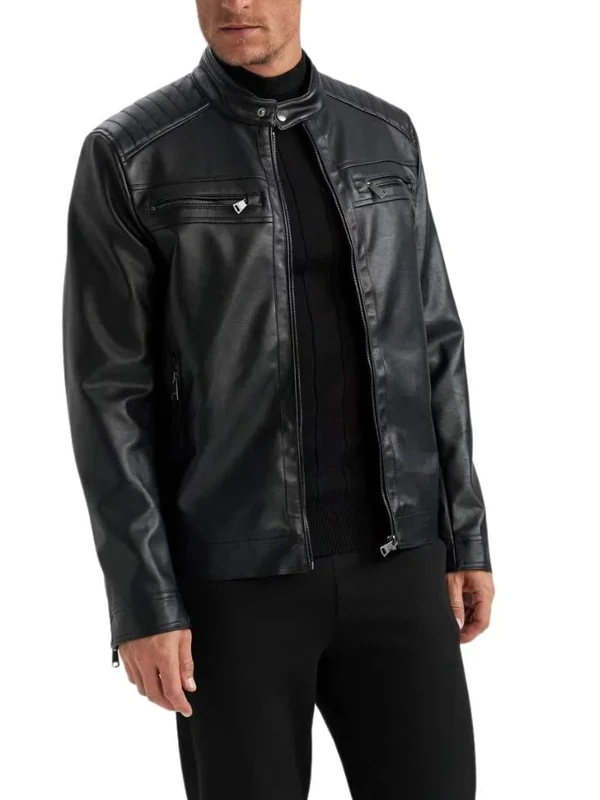 Men's Quilted Leather Black Jacket Real