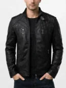 Mens Black Biker Quilted Slim Fit Leather Jacket