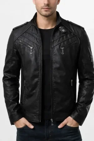 Mens Black Biker Quilted Slim Fit Leather Jacket