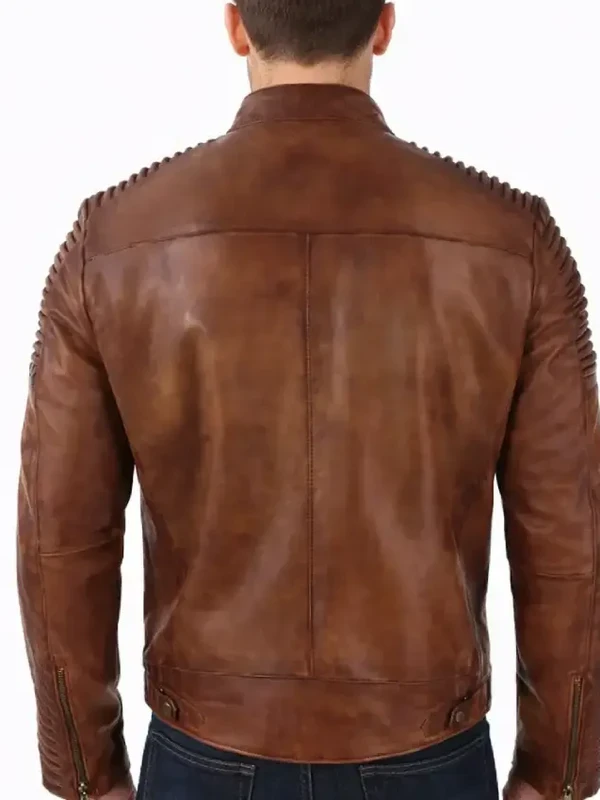 Mens Brown Distressed Cafe Racer Vintage Quilted Mens Biker Leather Jacket
