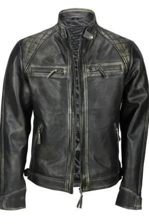 Mens Distressed Black Biker Leather Jacket