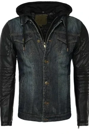 Mens Hooded Leather Denim Jacket jpg