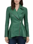 Women Biker Style Green Leather Peplum Jacket 1