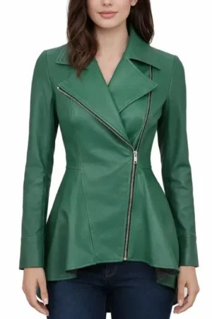 Women Biker Style Green Leather Peplum Jacket 1