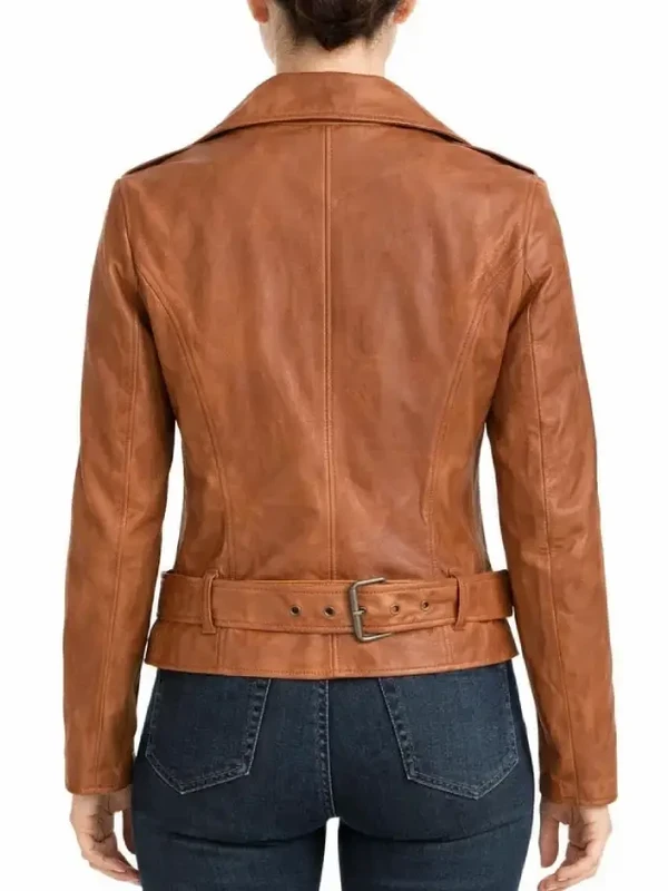 Womens Asymmetrical Tan Brown Leather Biker Jacket 1