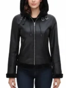 Womens Hooded Shearling Black Leather Jacket 2